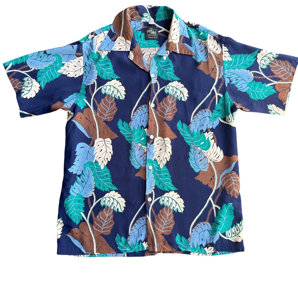 Kona Bay Hawaii Aloha Shirt Mens Large Monstera Leaf Rayon Made in Hawaii Navy